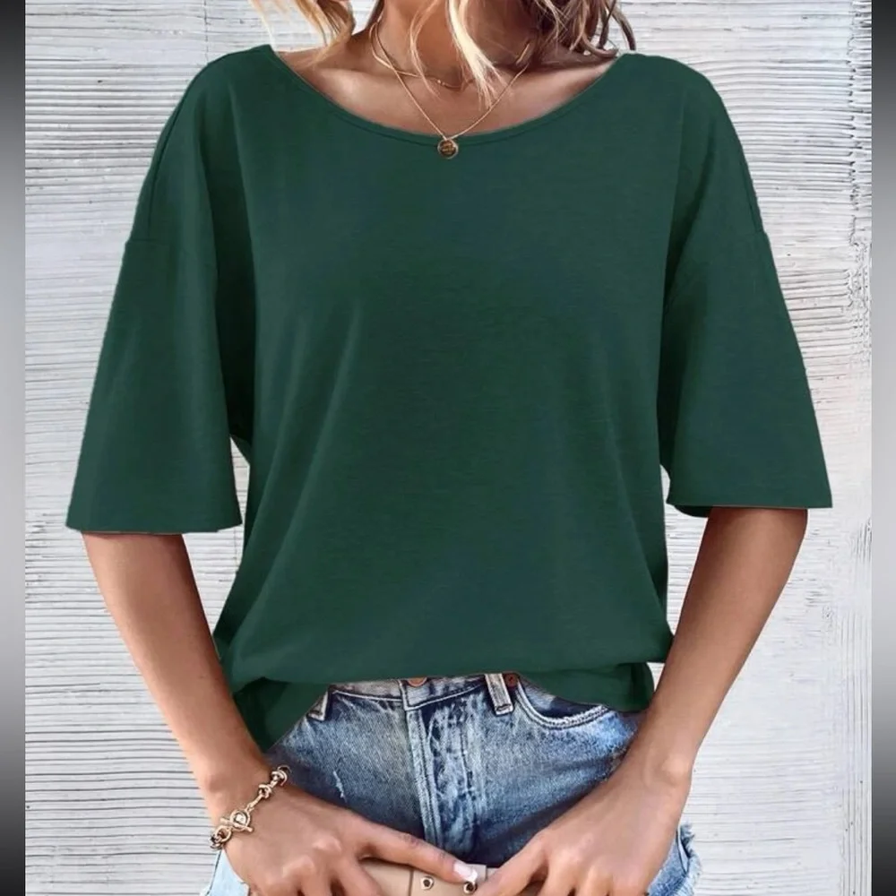 Classic Loose Fit Cut Out Back Batwing Sleeve Tee T Shirt Top Blouse Green - Picture 3 of 6
